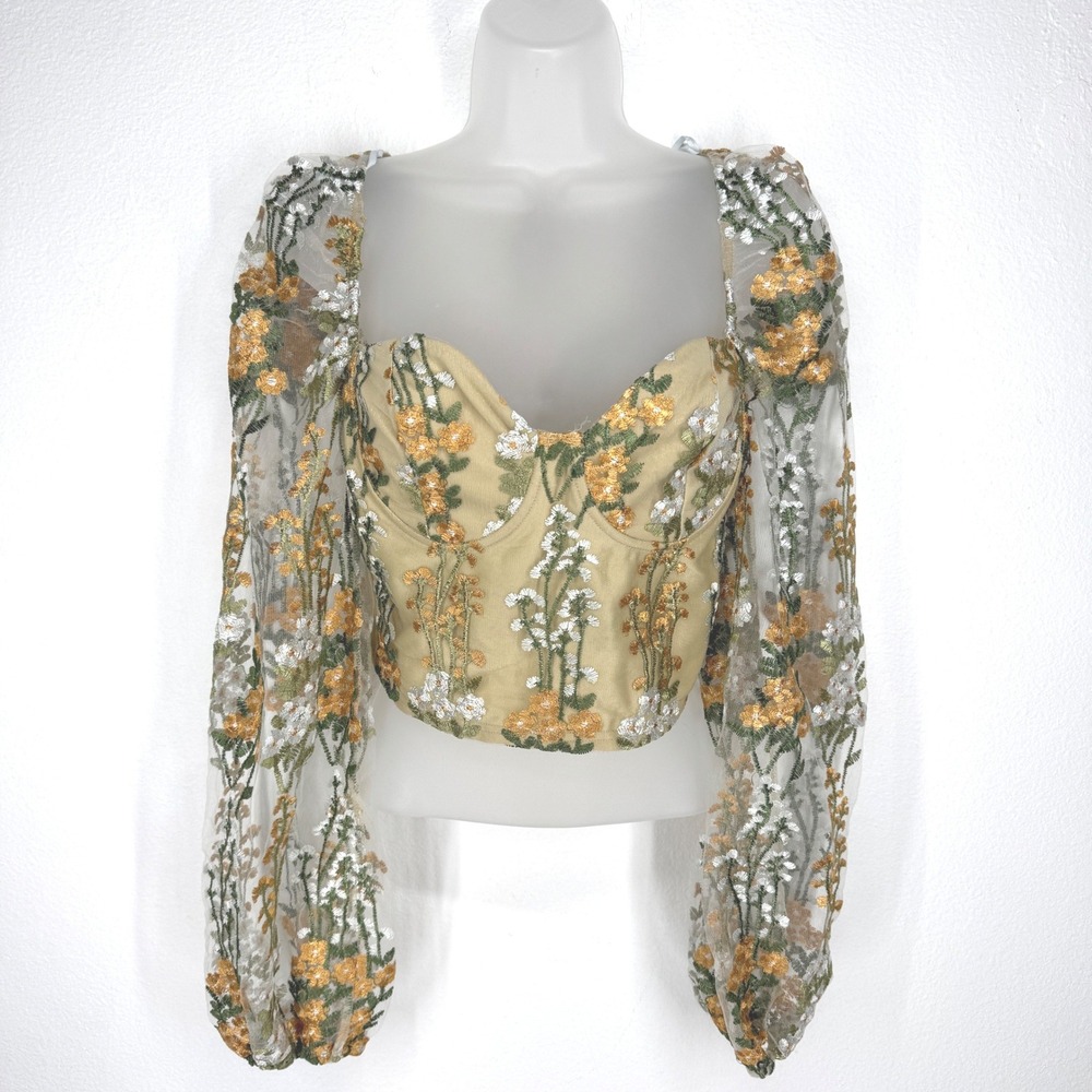 Lulu's Yellow Floral Embroidered Crop Top with Sheer Puff Sleeves